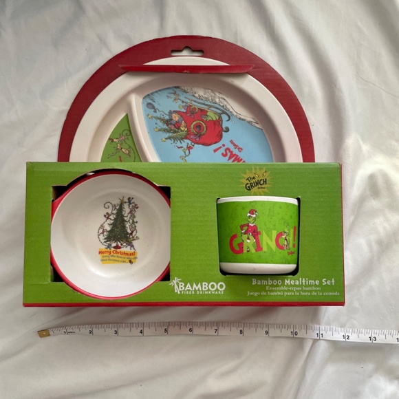 Dr. Seuss The Grinch Christmas Kids Mealtime Plate Bowl Cup Set Bamboo New - Picture 4 of 4